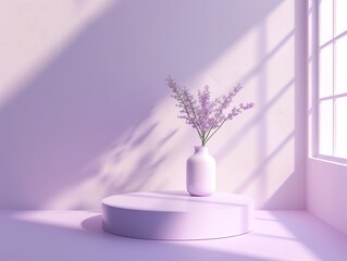 Modern trending lightweight violet background for product presentation with shadow and light from windows. Empty podium with a vase of a flower