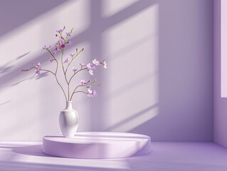 Modern trending lightweight violet background for product presentation with shadow and light from windows. Empty podium with a vase of a flower