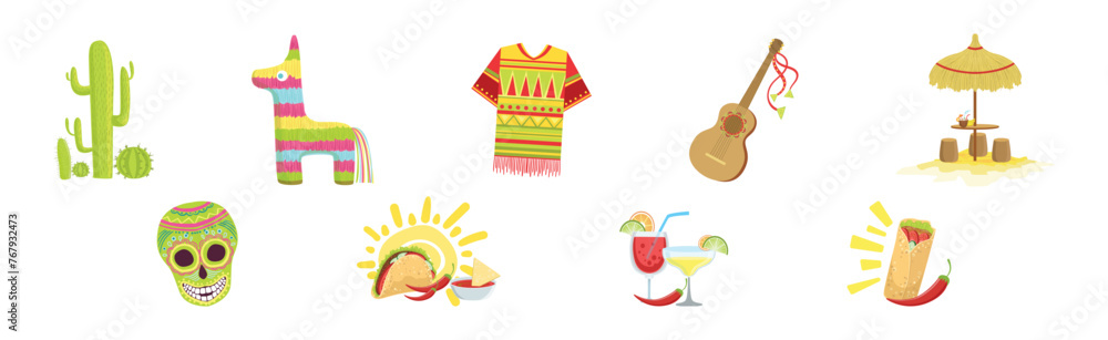 Poster colorful mexican object and authentic attribute vector set