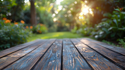 Wooden Table Texture in Lush Garden Serene Outdoor Impressionist Style