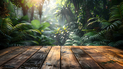 Wooden Table Top Display Against Tropical Rainforest Backdrop - Nature Concept Design - obrazy, fototapety, plakaty