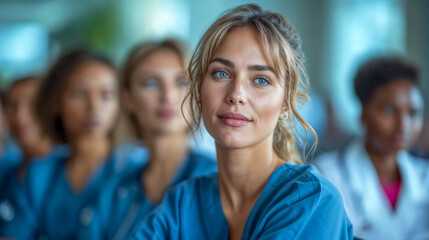 Fototapeta premium Focused Nurse in Blue Scrubs Attending Multicultural Meeting