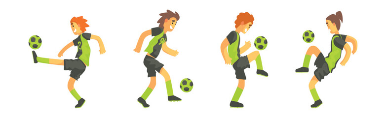Man Soccer or Football Player in Green Uniform Vector Set