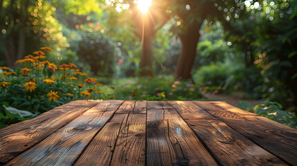 Wooden Tabletop Basks in Sunlit Garden's Abstract Beauty