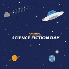 Sci-Fi Celebration. National science fiction day. Trendy design Vector illustration horizontal banner, flyer, poster and greeting card. Beautiful space background with ufo, Space planets.  © Anastasiia