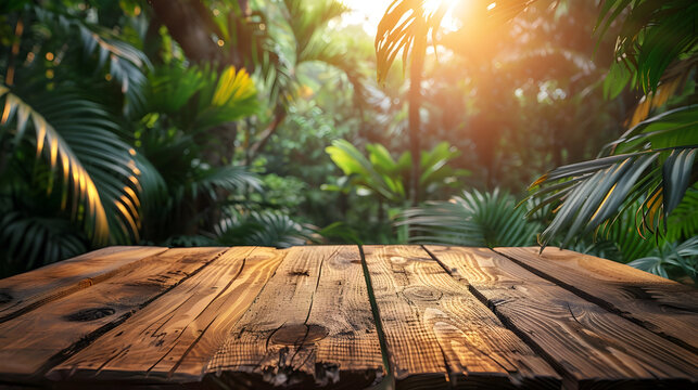 Wooden Table Top with Tropical Rainforest Backdrop - Product Display Setup