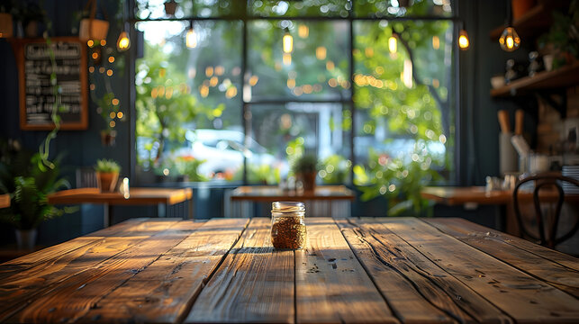 Wooden Table with Jar adorned by Cafe Window Greenness and Soft Light