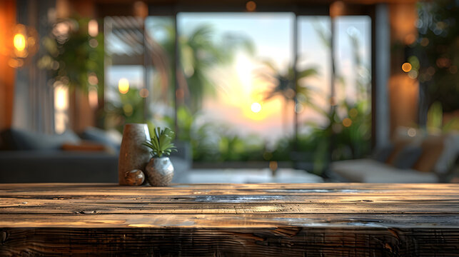 Wooden Tabletop Ready for Display Clean Interior with Tropical Sunset Bokeh Wallpaper
