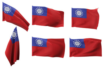 Large pictures of six different positions of the flag of Myanmar