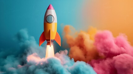 An abstract rocket taking off, the concept of a startup, successful business and teamwork