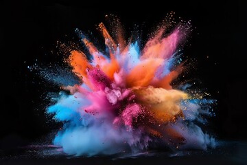 Explosion of vibrant, multicolored paint powder on black background, creating abstract art, high-speed photography