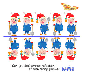 Logic puzzle game for children and adults. Can you find correct reflection of each funny gnome? Brain teaser book. Developing children spatial thinking. Task for attentiveness. Vector illustration.