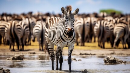 A zebra stands in front of a herd of zebras