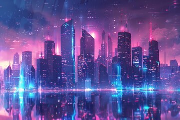 Fototapeta na wymiar Futuristic Neon City Skyline with Glowing Lights and Reflections, Cyberpunk Concept Art