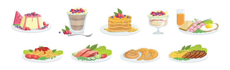 Different Meal and Food Served on Plate Vector Set