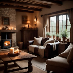 Naklejka premium Living room interior with fireplace, candles and comfortable furniture. Rustic cottage interior 