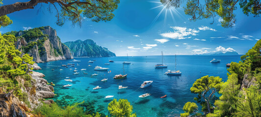 panoramic view of the sea with some boats and lush greenery on Capri island in Italy, blue sky with...