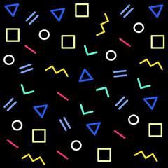 A collection of Memphis-style pattern shapes in yellow, red, green, and blue colors on a black background, depicted in a vector illustration