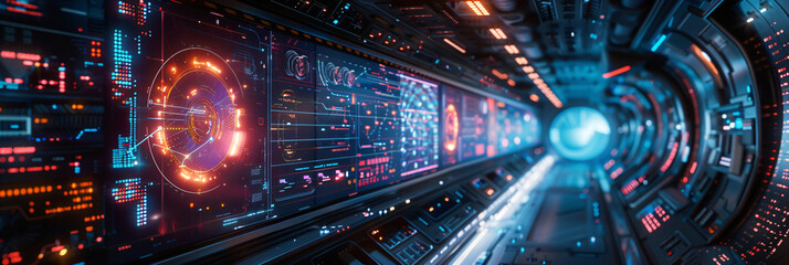 Fototapeta premium Cybernetic automatons in a futuristic laboratory interfacing with sophisticated technology systems. Concept of futurism in robotics and AI for cutting-edge design.