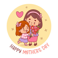 Cute woman with little girl daughter and bouquet of flowers. Mother's Day postcard. Vector illustration. Positive holiday female character