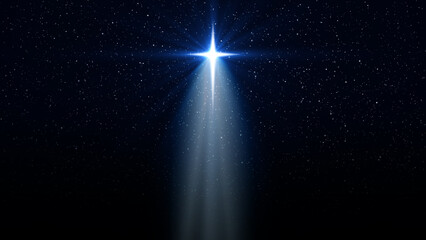 Christmas star of the Nativity of Bethlehem, Nativity of Jesus Christ with rays of light. Background starry sky and bright star - 767934894