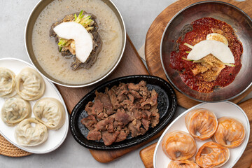 Korean food, Pyongyang, dumplings, cold buckwheat noodles, bibim, Kaesong, charcoal fire, grilled, spicy, pork, and king dumplings