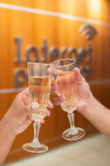 Cheerful couple toasting with champagne glasses, celebrating a special moment