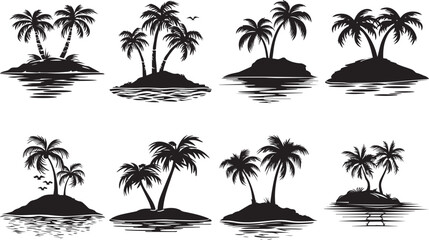 Silhouetted tropical islands with palm trees, birds in flight, with varying shapes and sizes representing a tranquil escape - obrazy, fototapety, plakaty