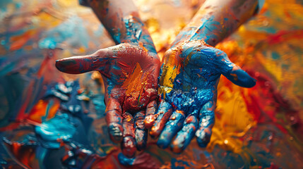 Artist's hands covered in colorful paint creating abstract oil paintings. Art therapy and creativity concept for design and workshops