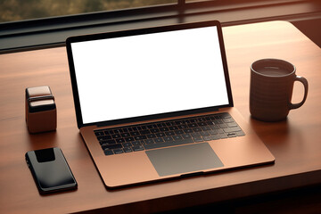 Laptop nueva con pantalla en blanco. Sobre un escritorio minimalista en una oficina. Creado con IA - obrazy, fototapety, plakaty