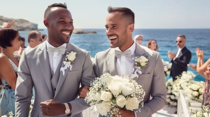 authentic lgbtq relationship handsome gay couple in wedding ceremony at outdoor venue near sea under wedding flower arch