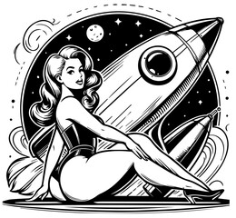 pin-up girl with space rocket background retro vector illustration silhouette laser cutting black and white shape