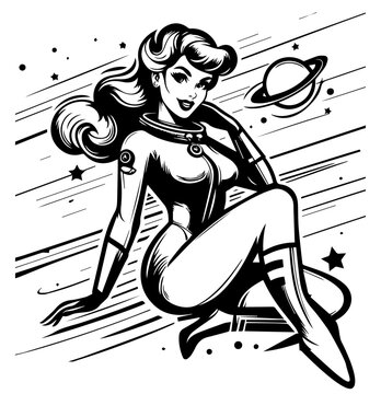 pin-up girl in cosmic space retro futuristic vector illustration silhouette laser cutting black and white shape
