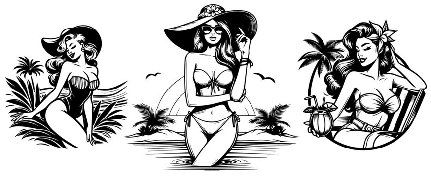 pin-up girl on beach retro vector illustration silhouette laser cutting black and white shape