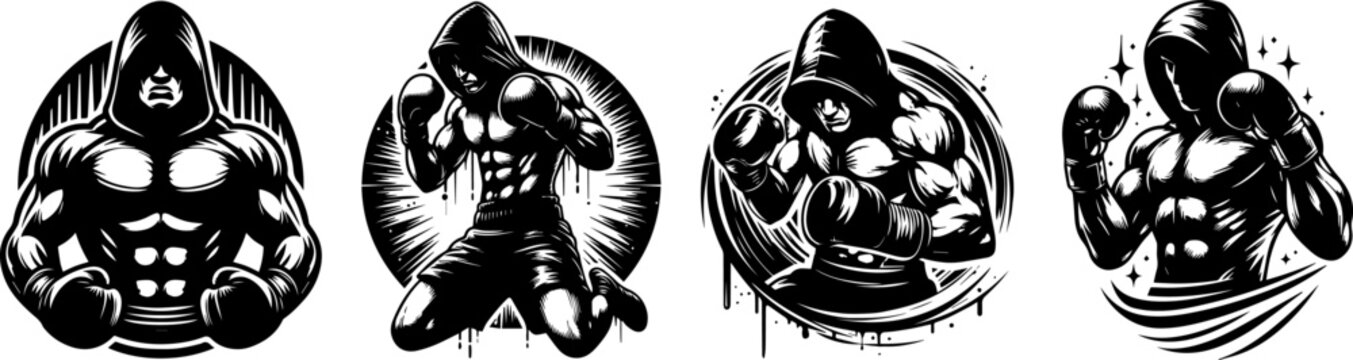 mysterious boxer with hood on head vector illustration silhouette laser cutting black and white shape