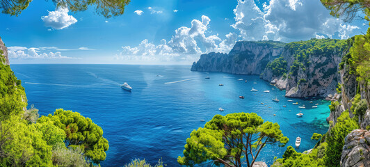 panoramic view of the sea with boats and Capri in the background, lush green pine trees on both sides of the water body, blue sky with a few clouds, the sea is azure - obrazy, fototapety, plakaty
