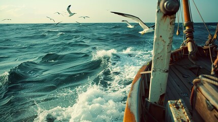 60s oceanic adventure, albatross in flight, vintage alarm and algebra notes on a boat - obrazy, fototapety, plakaty