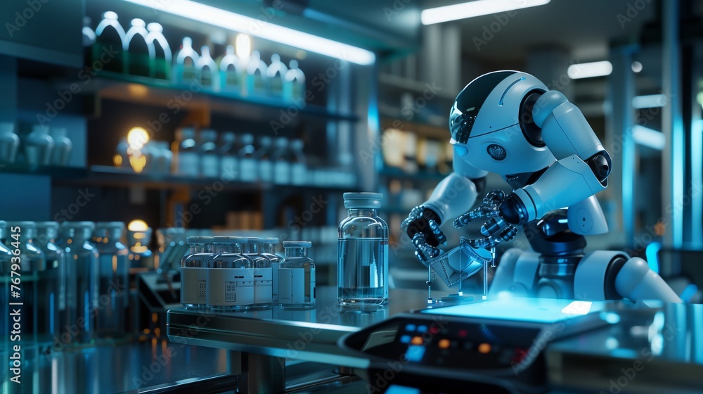 Poster robot standing in front of table of bottles