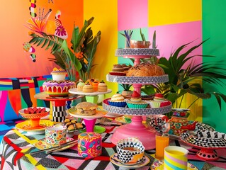 80s aerobics energy with African patterns, vibrant afternoon tea setup