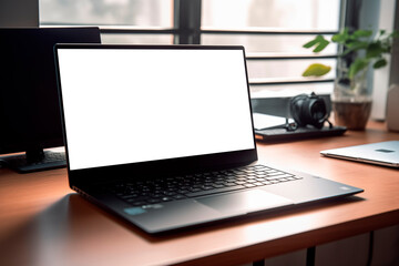Mockup de laptop sobre un escritorio. Pantalla en blanco para personalizar. Creado con IA - obrazy, fototapety, plakaty