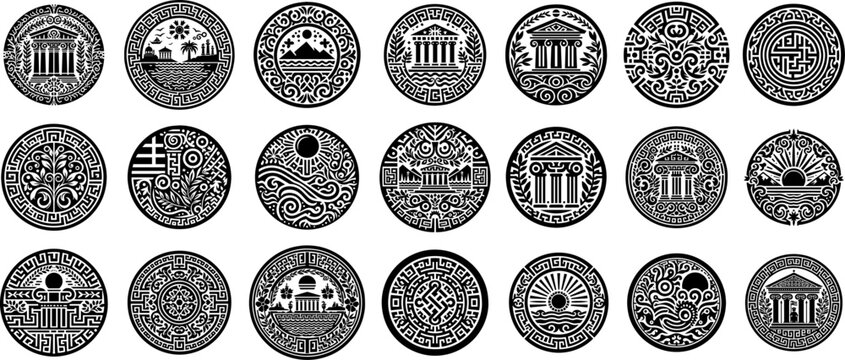 greek-themed stamps and emblems vector illustration silhouette laser cutting black and white shape
