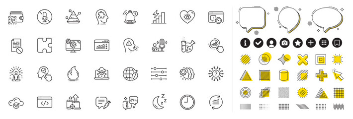 Set of Moon, Yoga and Podcast line icons for web app. Design elements, Social media icons. Time, Qr code, Question mark icons. Graph chart, Cloud computing, Environment day signs. Vector