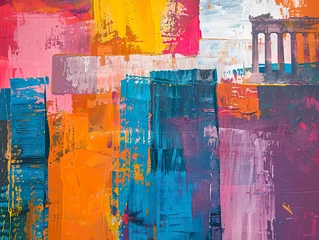 Fotobehang Abstract art fusion, Acropolis at sunset, adoption story told in vivid colors © Jiraphiphat