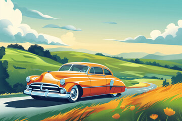 Illustration of a classic orange car driving along a winding road in a vibrant, hilly countryside