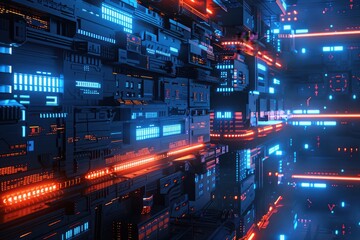 Fototapeta premium Scifi inspired visualization of a digital fortress, with firewalls and encryption barriers protecting sensitive data , 3D illustration