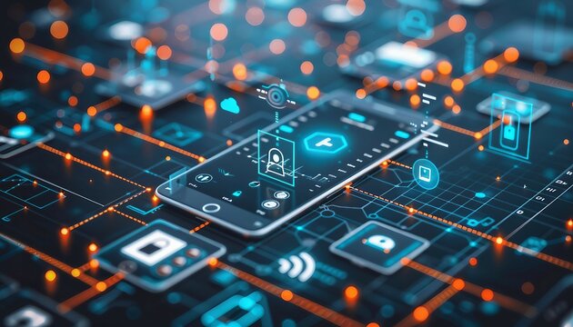Mobile Endpoint Security Solutions, mobile endpoint security solutions with an image depicting smartphones and tablets protected by mobile device management (MDM) solutions, AI