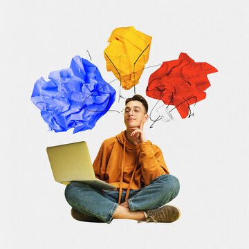 Contemporary art collage. Young man, student using modern laptop and smashed colorful paper looks as his thoughts. Concept of e-learning, digitalization, work and study online. Ad