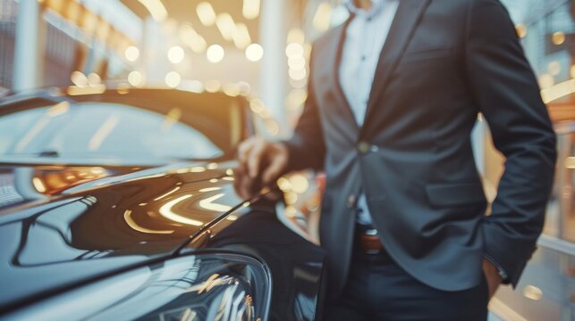 Businessman, hands and chauffeur by car door for travel accommodation, designated driver or commute. Hand of male person on vehicle handle in professional transport service, business class or pick up