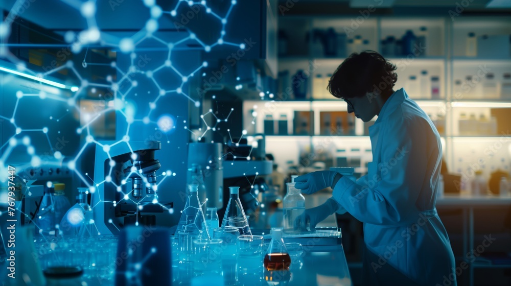 Poster lab coat man working on computer