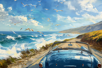 Oil painting of a classic car driving by the sea with flying seagulls in a clear sky - obrazy, fototapety, plakaty